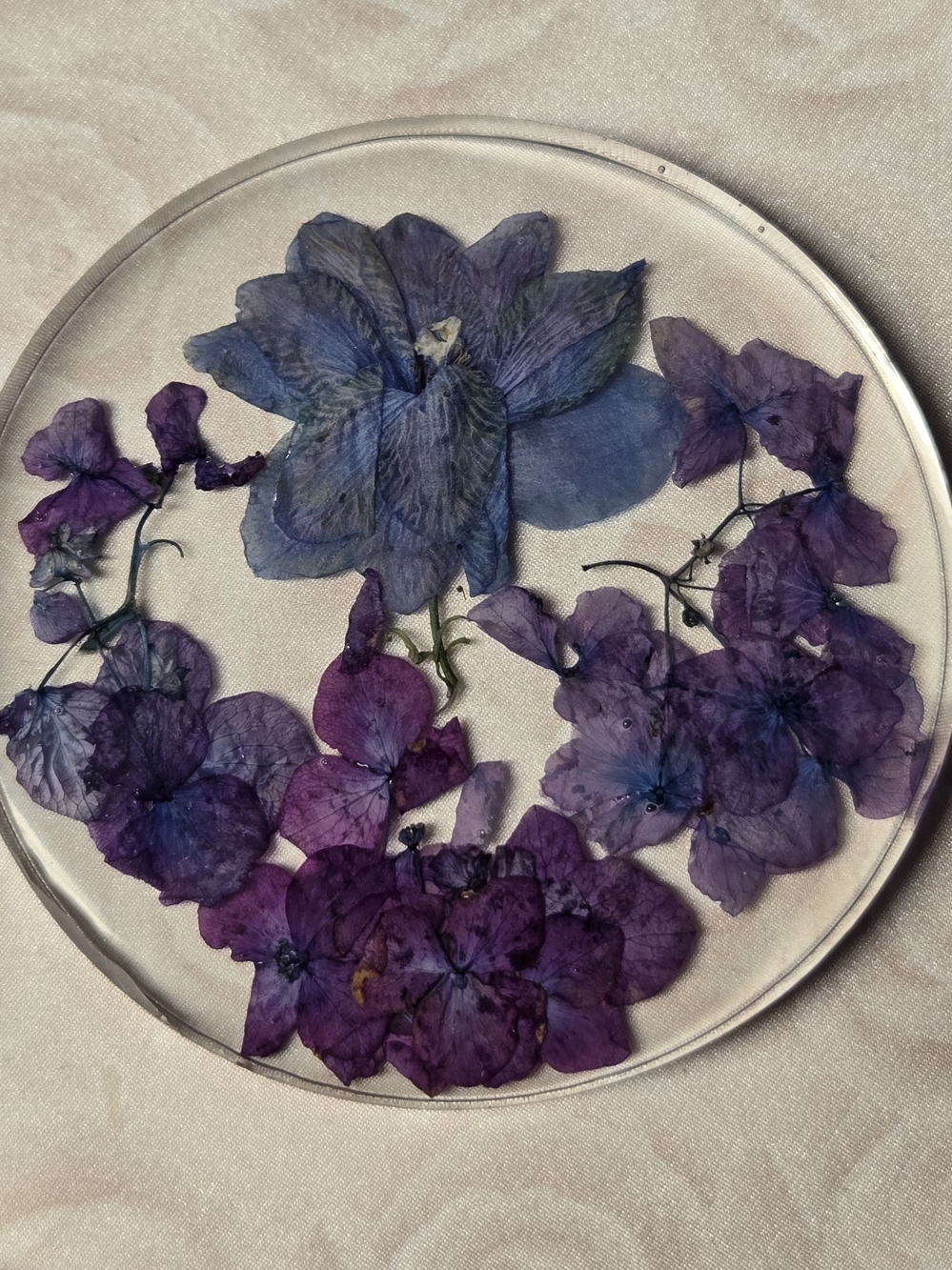 Clear Resin Coaster with Pressed Purple and Blue Flowers